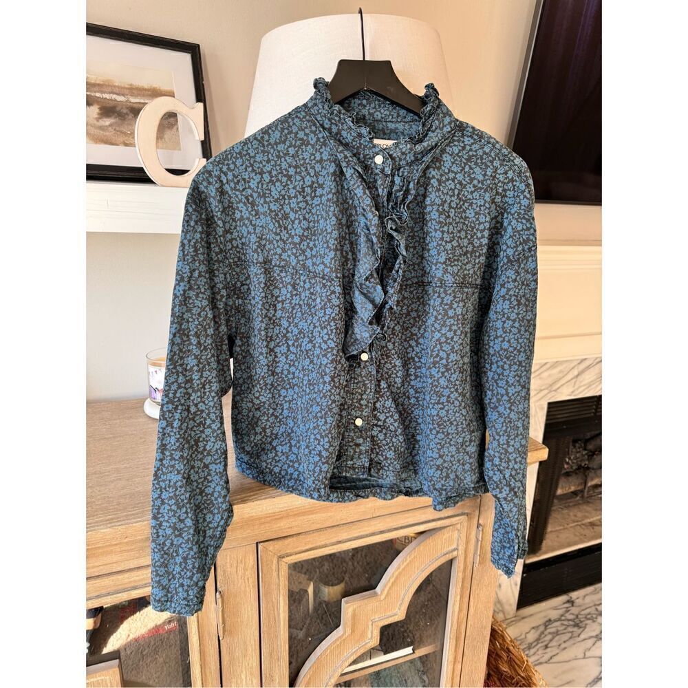 Overlover Blue Button Down Ruffled Trim Long Sleeve Blouse Pearl Buttons Women’s